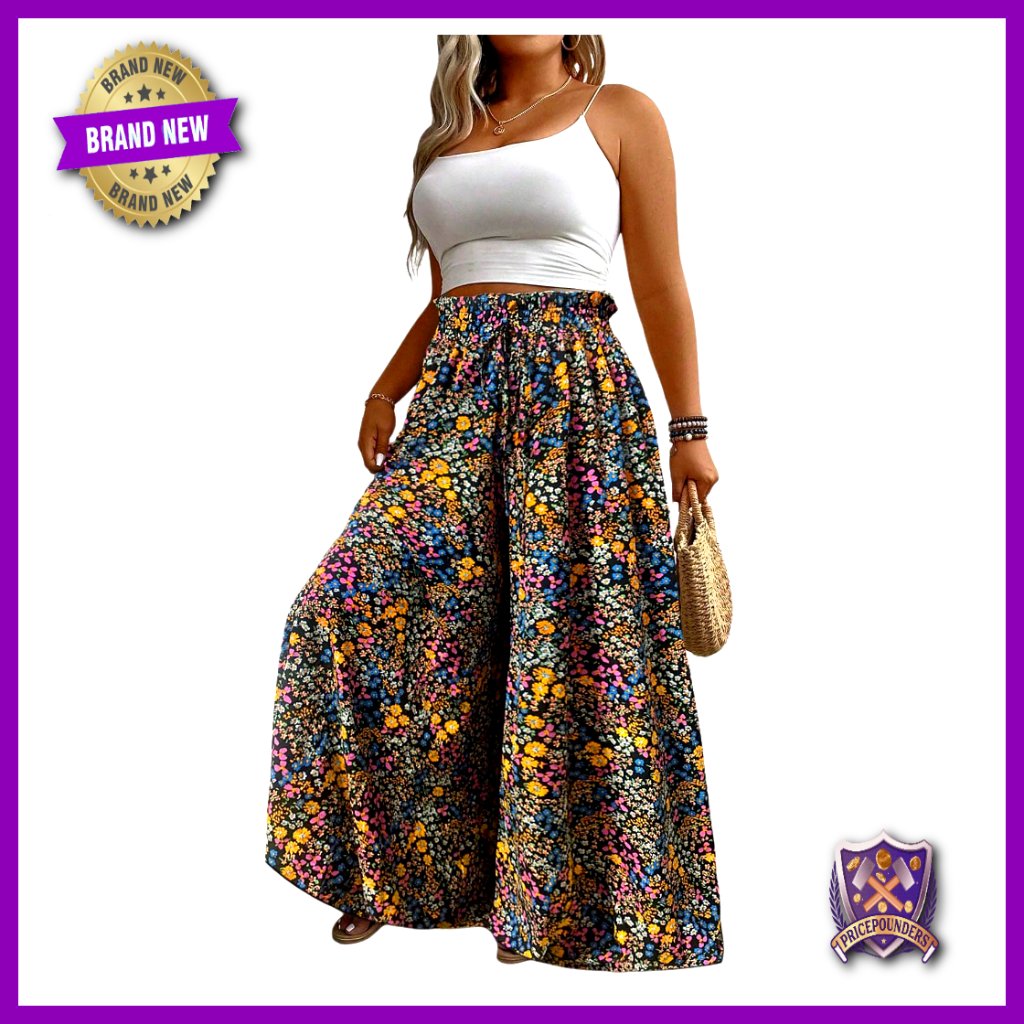 Plus Size Floral Wide Leg Palazzo Pants Boho Drawstring Casual